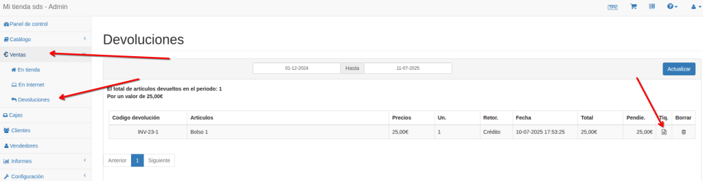 re imprimir ticket devolución