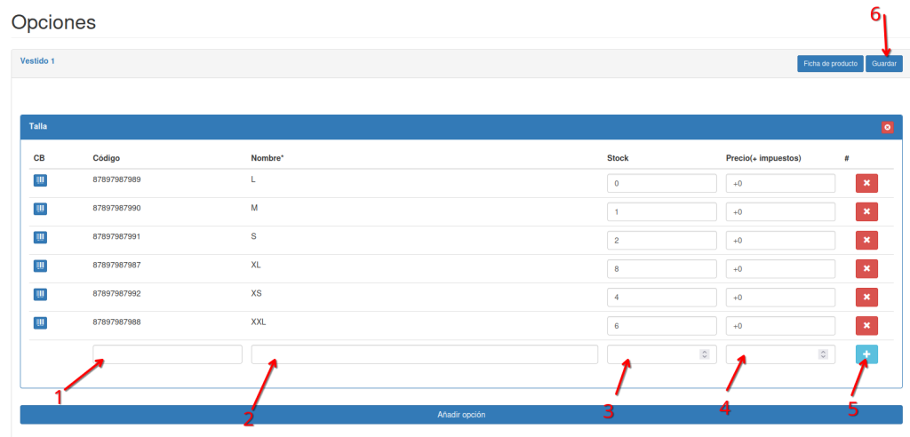 crear tallas y colores remero tpv PASO 3
