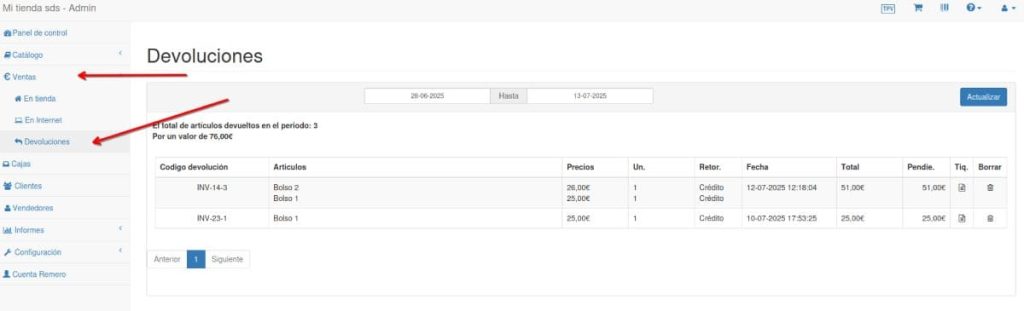 historial de devoluciones remero tpv